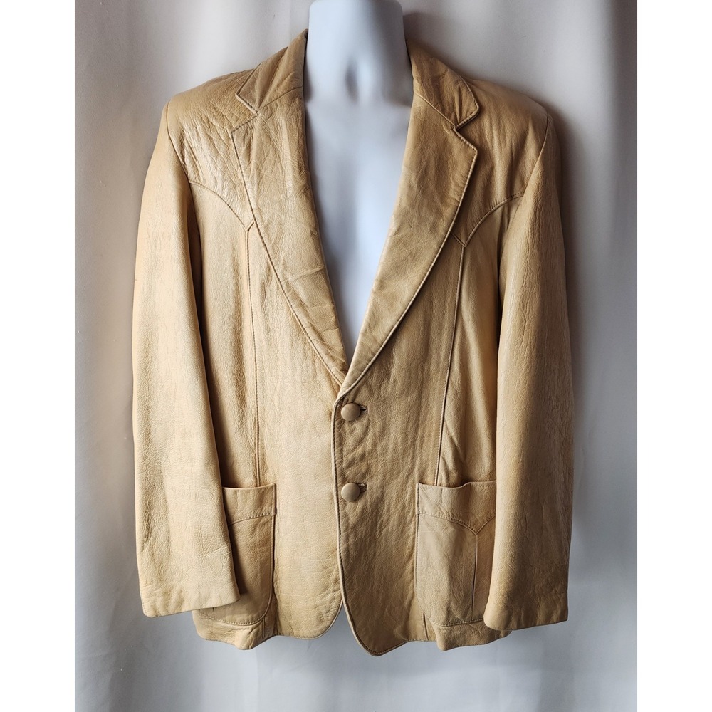 Cevy's Mens Genuine Tan Beige Leather Blazer Jacket Vintage 1970s Extremely Rare